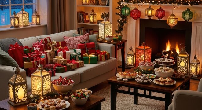 Cozy christmas living room with fireplace presents sweets and lanterns creating a festive atmosphere