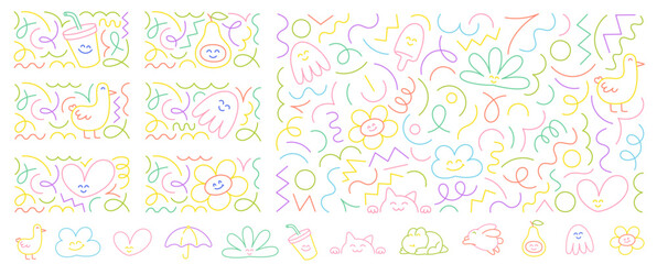 Colorful hand-drawn doodles set showcasing various playful designs including animals, shapes
