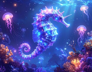 A surreal digital illustration of a glowing seahorse swimming through a dreamlike underwater world filled with floating jellyfish, jellyfish under water
