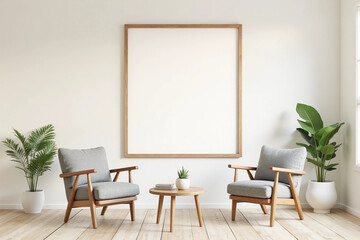  wall background design with empty frame and interior design of chairs and tables. 3d rendering.