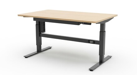 Fototapeta premium A modern adjustable standing desk features a light wood-colored tabletop dark gray metal frame and two integrated control panels against a white background