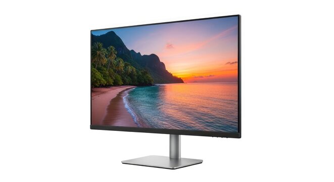 A modern display monitor with thin bezels shows a vibrant sunset over a tropical beach with palm trees and calm ocean waves on a white background