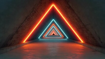 Abstract glowing neon triangle tunnel with vibrant orange and blue lights in 3D perspective. - Powered by Adobe