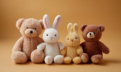 a group of cute plush toys, including a teddy bear and a rabbit doll, in a plush toy set
