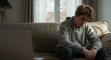 Fototapeta premium Depressed teenage boy sitting alone on a sofa in a living room. Stressed and worried adolescent feeling lonely. Youth mental health and anxiety concept