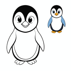 Naklejka premium Adorable baby penguin coloring page featuring a fluffy chick with tiny wings, big curious eyes, and a rounded belly—perfect for kids to bring to life with cute winter colors. 