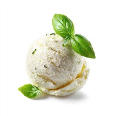 A scoop of ice cream with basil leaves on top isolated against a white studio background showing detail