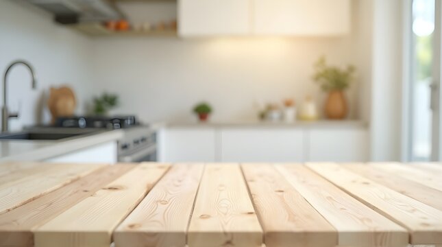 Bright, modern kitchen scene with a clean wooden table in the foreground, perfect for product placement or culinary inspiration.