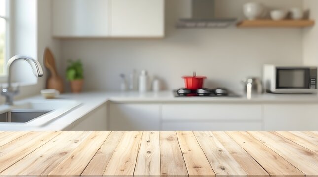 Bright modern kitchen scene with clean countertops, sink, stove, and microwave, ready for your culinary creations or lifestyle shots