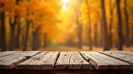 Rustic wooden table surface bathed in warm golden autumn sunlight, perfect for product placement or seasonal scenes.
