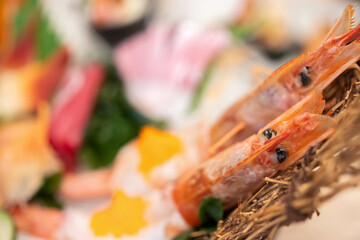 Fresh sashimi set serve on ice with wasabi Japanese style
