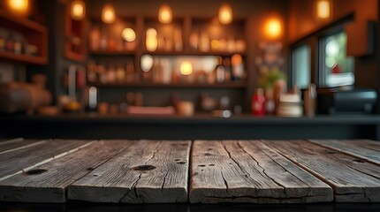 Rustic wooden table foreground complements cozy, dimly lit cafe interior with warm lighting and shelves stocked with bottles