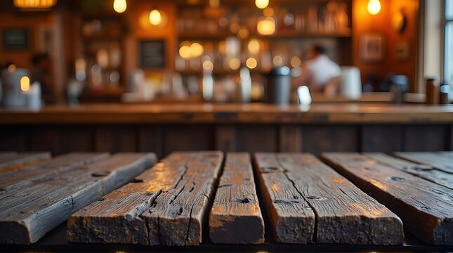 Inviting rustic wooden table in a warmly lit cozy bar setting, perfect for showcasing drinks or culinary creations. - Powered by Adobe