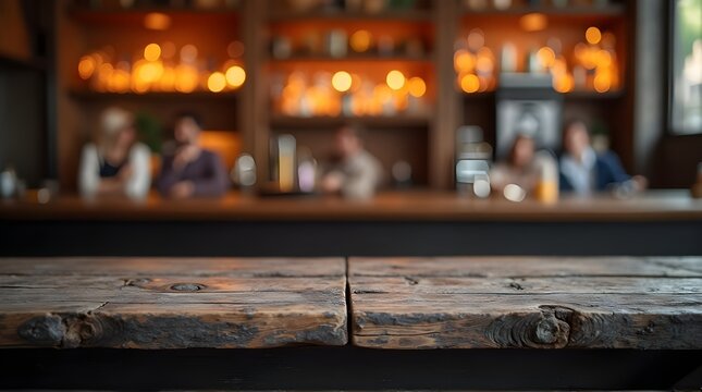 Cozy bar ambiance with warm bokeh lights and a rustic wooden counter creating an inviting atmosphere for social gatherings and relaxation.