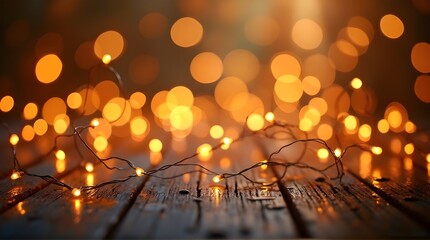 Warm glowing fairy lights create a magical, cozy atmosphere on rustic wooden planks, perfect for festive holidays and inviting ambiance.