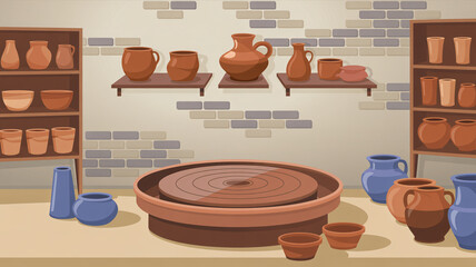 Pottery studio with a potters wheel, shelves filled with ceramic pots, vases, and bowls, and various clay items on a table