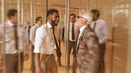 Dynamic Interaction of Business Professionals Elevator and Office Celebrating Success and Teamwork