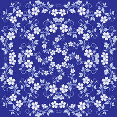 Elegant Blue Floral Seamless Pattern - White Sakura Flowers and Swirling Vines on Vibrant Blue.