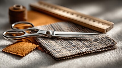 Creative business fashion design tools overhead flat lay with ruler and fabrics natural lighting stylish workspace