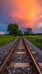 Fototapeta premium Railroad tracks lead into sunset over green fields