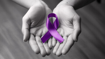 Closeup of hands holding a purple ribbon, symbolizing awareness and support for various causes like domestic violence or epilepsy