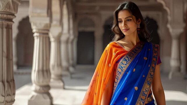 A beautiful woman in a vibrant saree stands gracefully in a traditional Indian architectural setting.