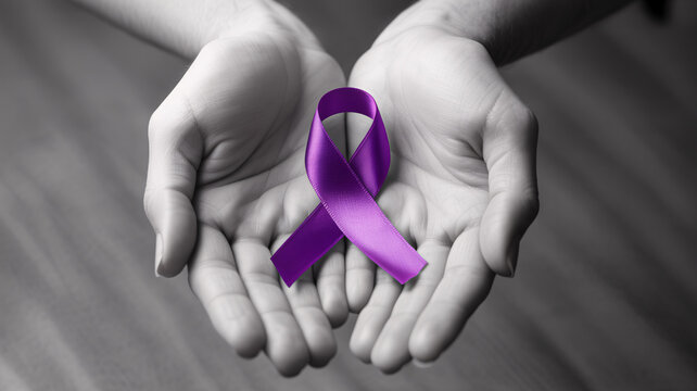 Closeup of hands holding a purple ribbon, symbolizing awareness and support for various causes like domestic violence or epilepsy - Powered by Adobe