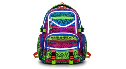 A neon-colored backpack with geometric patterns and multiple pockets highlighted by reflective strips against a white background