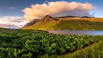 Obraz premium Scenic Icelandic landscape at sunset. Lush vegetation borders a lake, with mountains and villages in the background