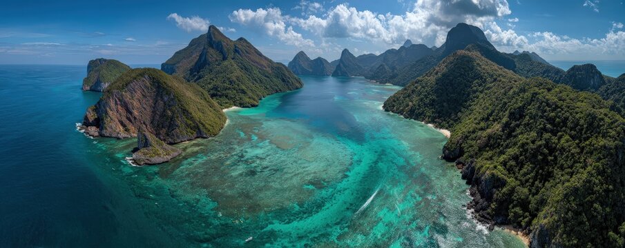 A stunning aerial view of lush green mountains surrounded by crystal-clear turquoise waters and a vibrant sky dotted with clouds. - Powered by Adobe
