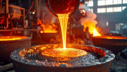 Pouring glowing liquid metal in an industrial plant