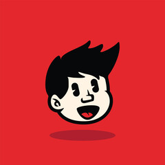 Cartoon boy face with messy spiky hair and neutral expression. Bold outline, flat vector style on red background. Perfect for mascot, avatar, sticker, and branding. EPS vector file
