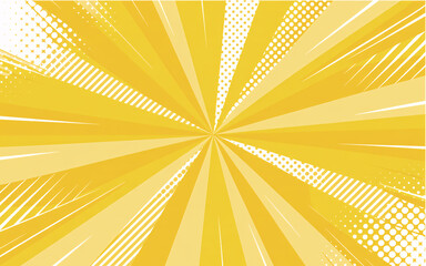 Fototapeta premium Bright yellow abstract background with radial lines and halftone dots, energetic comic book style burst effect