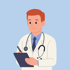 Fototapeta premium Male Doctor Holding Tablet, Digital Medical Record Concept Flat vector Illustration