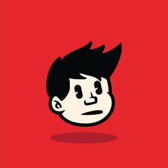 Cartoon boy face with messy spiky hair and neutral expression. Bold outline, flat vector style on red background. Perfect for mascot, avatar, sticker, and branding. EPS vector file