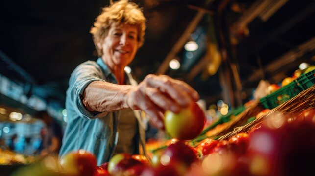 Senior woman selecting fresh apples at a vibrant indoor market