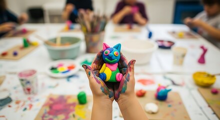 Child's hands holding a vibrant, multi-colored clay creature during an art class with paint and other crafts on a messy table.