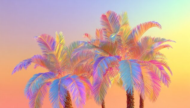 Vibrant palm trees glow with a rainbow iridescence against a gradient sunset sky - Powered by Adobe