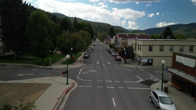 Aerial of Main Steet in small town Quincy California in summer