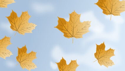 Autumn Leaves Floating Across a cloudy sky Background for Seasonal Nature and Fall Decor