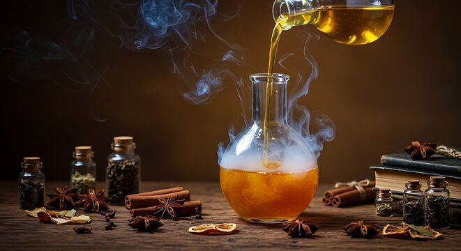 Potion Making with Smoke and Spices on a Wooden Table
