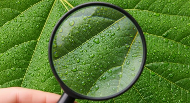 Hand holding magnifying glass over green leaf covered in water droplets - Powered by Adobe