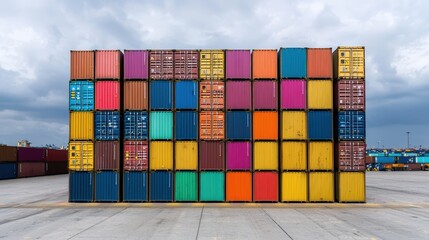 Fototapeta premium Aerial panorama of container port logistics, stacked shipping crates in primary colors, overcast daylight with shadows creating geometric patterns,