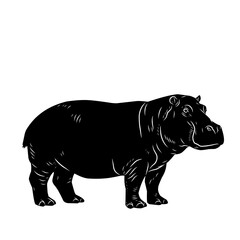 Detailed black vector illustration of a hippopotamus in standing pose. Ideal for wildlife education, zoo logos, safari artwork, or nature conservation themes