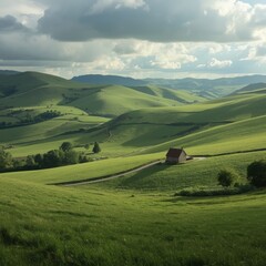 Rolling green hills with a small house and cloudy sky