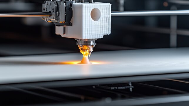 Hero lighting on industrial 3D printer nozzles depositing molten polymer, glowing filaments in dark environment, right-aligned text space,