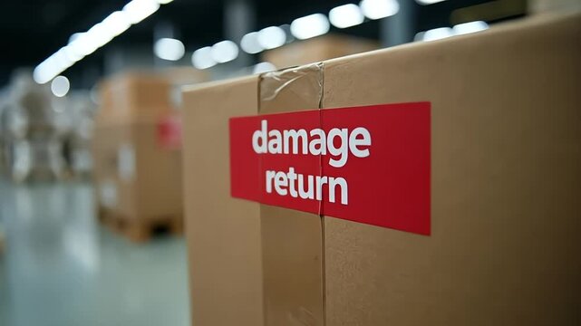 Damaged goods are marked for return in a warehouse setting for quality control