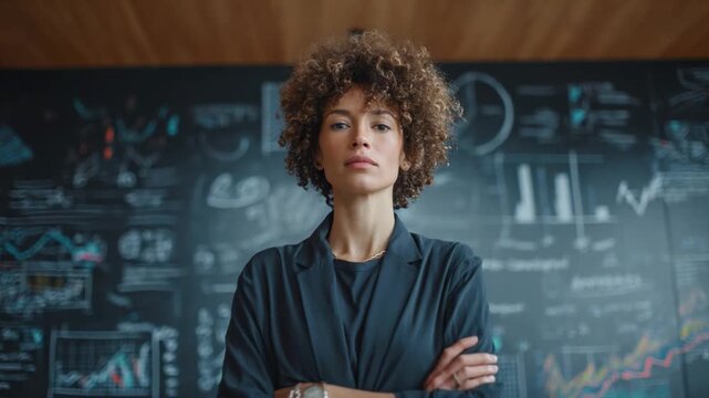 Confident Visionary: A determined business woman, radiating strength and vision, stands confidently before a complex data display, embodying leadership and foresight. 