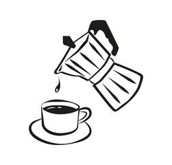 Moka pot pouring coffee into cup – symbol of Italian tradition and conviviality
