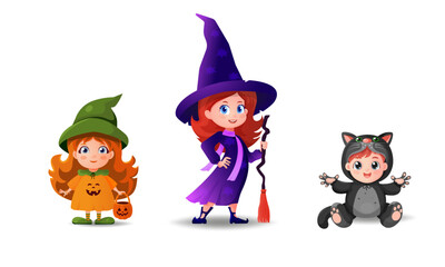 Adorable children in Halloween costumes, little witch, pumpkin girl, and baby black cat. Cartoon character in a pumpkin costume holds a pumpkin-shaped bag. Perfect for posters, cards, and decorations